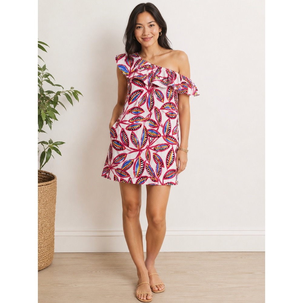 J.Crew Womens One Shoulder Ruffle Dress Linen Cotton Tropical Leaf Print J0954 M